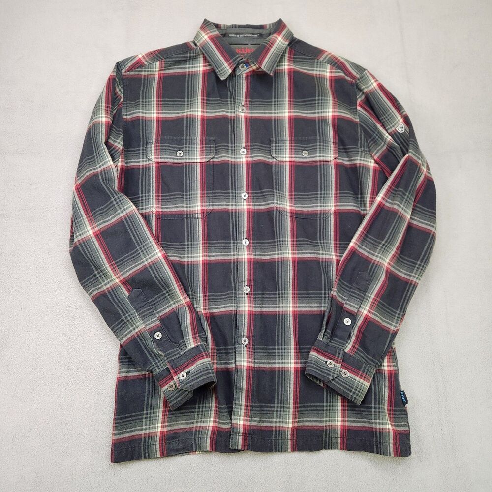 Kuhl Flannel Button Up Shirt Men's M Black Plaid Long Sleeve Cotton Wool Outdoor